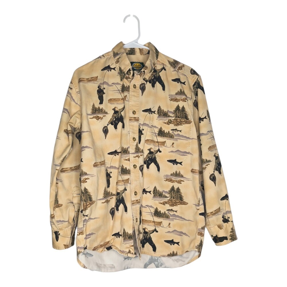 Cabela's Outdoor Gear Button Down L/S Fly Fishing Print Shirt Men's Small Reg
